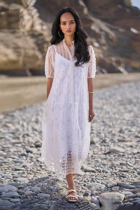 Shop Dash And Dot White Nylon Embroidery Collared Tiered Mesh Dress Online at Aza Fashions Shop_Dash And Dot_White Nylon Embroidery Collared Tiered Mesh Dress _Online_at_Aza_Fashions