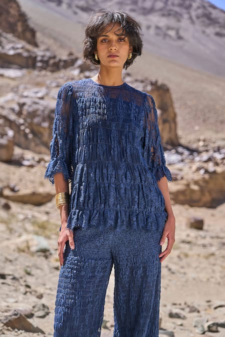 Dash And Dot Navy Nylon Round Neck Allover Ruched Pant Set Online at Aza Fashions Dash And Dot_Navy Nylon Round Neck Allover Ruched Pant Set _Online_at_Aza_Fashions