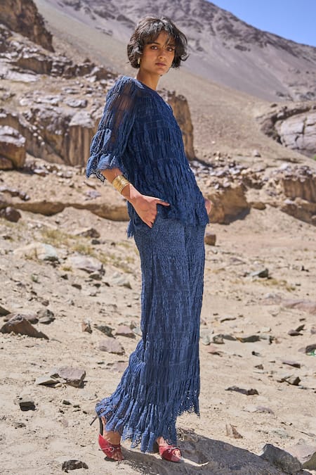 Buy Dash And Dot Navy Nylon Round Neck Allover Ruched Pant Set Online at Aza Fashions Buy_Dash And Dot_Navy Nylon Round Neck Allover Ruched Pant Set _Online_at_Aza_Fashions