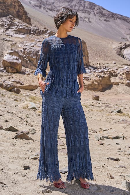 Shop Dash And Dot Navy Nylon Round Neck Allover Ruched Pant Set Online at Aza Fashions Shop_Dash And Dot_Navy Nylon Round Neck Allover Ruched Pant Set _Online_at_Aza_Fashions