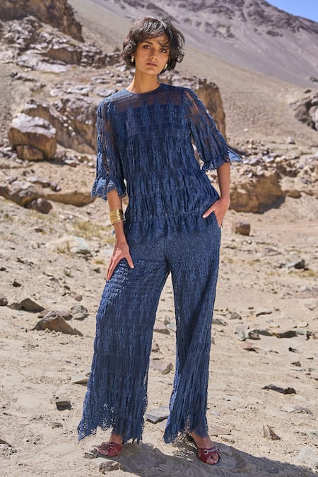 Shop Dash And Dot Navy Nylon Round Neck Allover Ruched Pant Set at Aza Fashions Shop_Dash And Dot_Navy Nylon Round Neck Allover Ruched Pant Set _at_Aza_Fashions