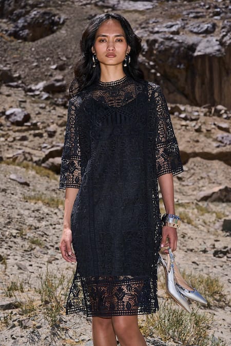 Dash And Dot Black Polyester Embroidery Round Neck Boxy Lace Dress Online at Aza Fashions Dash And Dot_Black Polyester Embroidery Round Neck Boxy Lace Dress _Online_at_Aza_Fashions