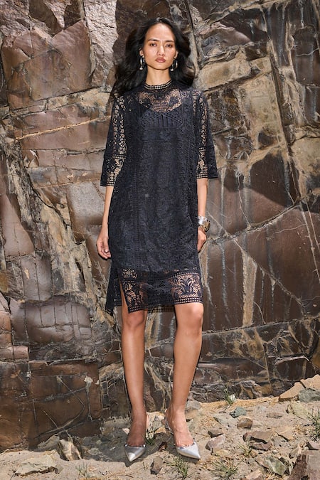 Buy Dash And Dot Black Polyester Embroidery Round Neck Boxy Lace Dress Online at Aza Fashions Buy_Dash And Dot_Black Polyester Embroidery Round Neck Boxy Lace Dress _Online_at_Aza_Fashions