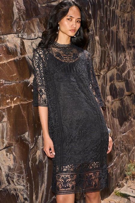 Shop Dash And Dot Black Polyester Embroidery Round Neck Boxy Lace Dress Online at Aza Fashions Shop_Dash And Dot_Black Polyester Embroidery Round Neck Boxy Lace Dress _Online_at_Aza_Fashions