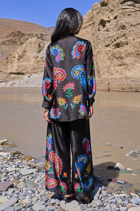 Shop Dash And Dot Black Polyester Embroidery Collared Multicolour Paisley Pant Set at Aza Fashions Shop_Dash And Dot_Black Polyester Embroidery Collared Multicolour Paisley Pant Set _at_Aza_Fashions