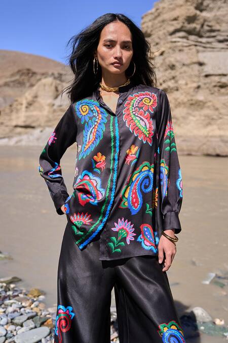 Dash And Dot Black Polyester Embroidery Collared Multicolour Paisley Pant Set Online at Aza Fashions Dash And Dot_Black Polyester Embroidery Collared Multicolour Paisley Pant Set _Online_at_Aza_Fashions