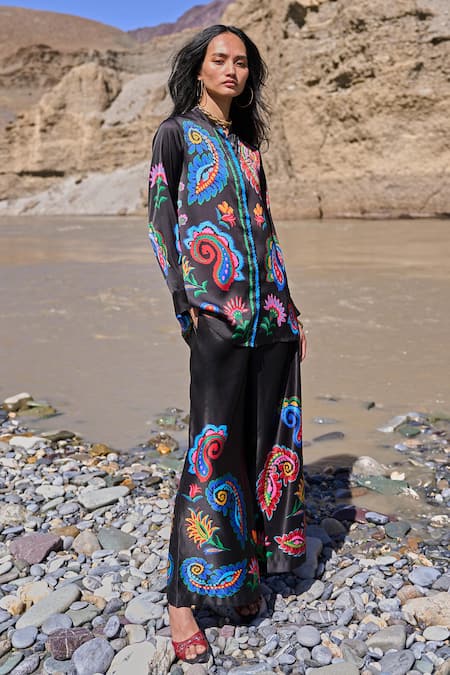 Shop Dash And Dot Black Polyester Embroidery Collared Multicolour Paisley Pant Set Online at Aza Fashions Shop_Dash And Dot_Black Polyester Embroidery Collared Multicolour Paisley Pant Set _Online_at_Aza_Fashions