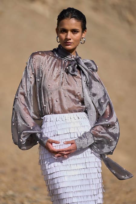 Dash And Dot_White Polyester Sequins Cascading Teardrop Skirt _Online_at_Aza_Fashions