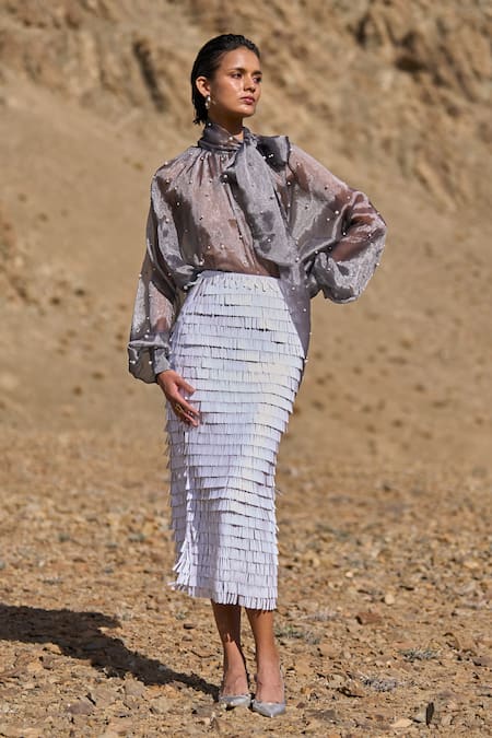 Shop_Dash And Dot_White Polyester Sequins Cascading Teardrop Skirt _Online_at_Aza_Fashions