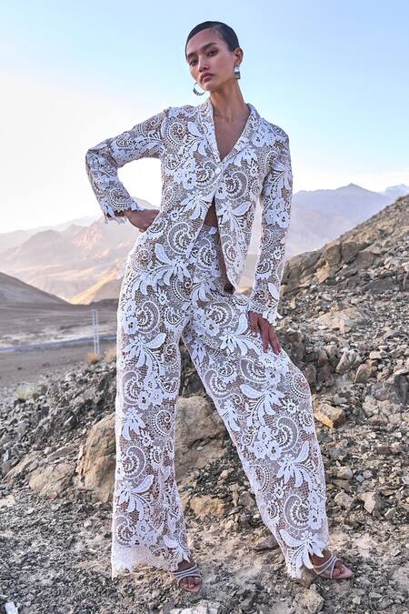 Dash And Dot White Polyester Scalloped Lace Blazer Online at Aza Fashions Dash And Dot_White Polyester Scalloped Lace Blazer _Online_at_Aza_Fashions