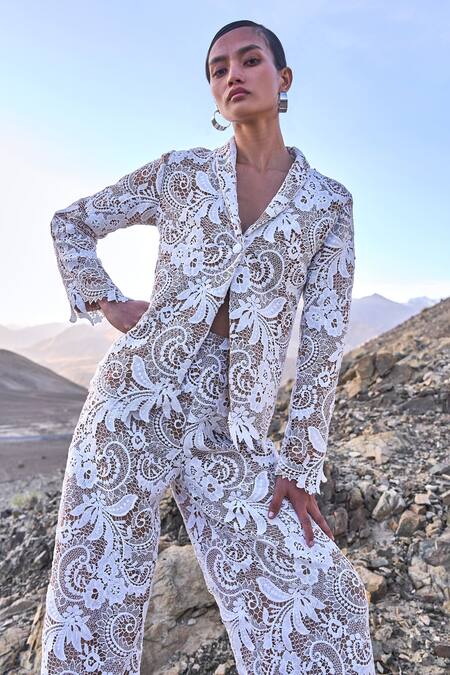 Shop Dash And Dot White Polyester Scalloped Lace Blazer Online at Aza Fashions Shop_Dash And Dot_White Polyester Scalloped Lace Blazer _Online_at_Aza_Fashions