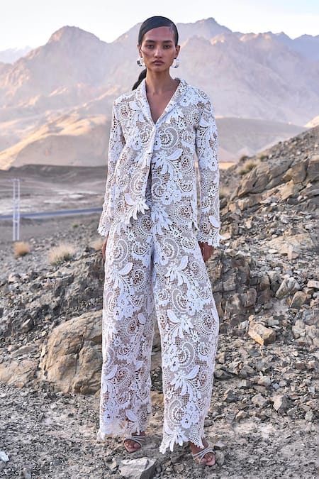 Dash And Dot White Polyester Scalloped Lace Blazer at Aza Fashions Dash And Dot_White Polyester Scalloped Lace Blazer _at_Aza_Fashions