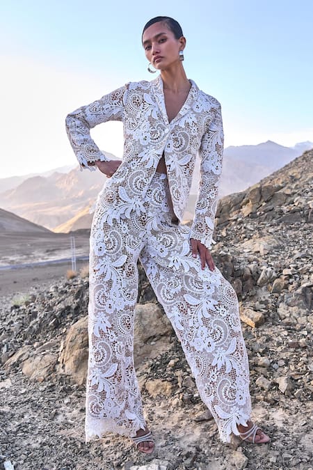 Dash And Dot_White Polyester Scalloped Lace Blazer And Pant Set _Online_at_Aza_Fashions