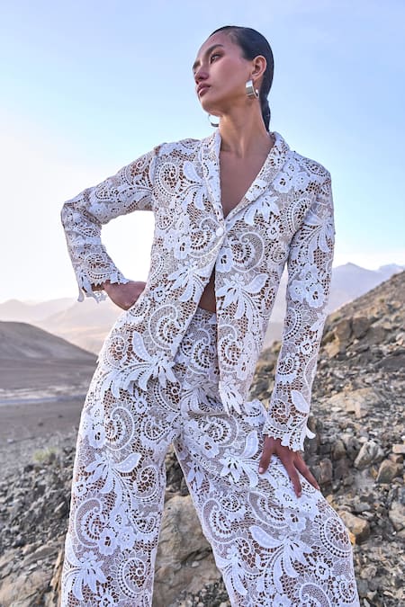 Shop_Dash And Dot_White Polyester Scalloped Lace Blazer And Pant Set _Online_at_Aza_Fashions