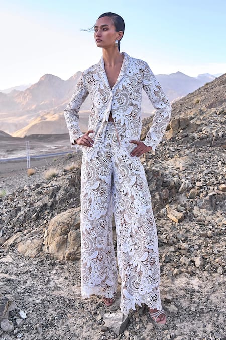 Dash And Dot_White Polyester Scalloped Lace Blazer And Pant Set _at_Aza_Fashions