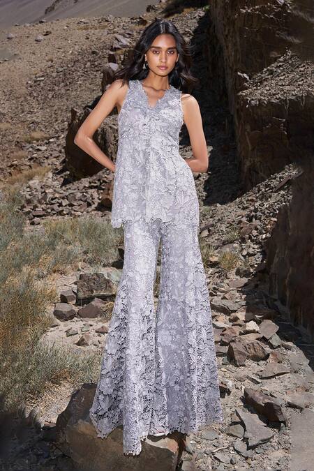 Buy Dash And Dot Silver Polyester Embroidery V-neck Lace Sleeveless Peplum Top Buy_Dash And Dot_Silver Polyester Embroidery V-neck Lace Sleeveless Peplum Top