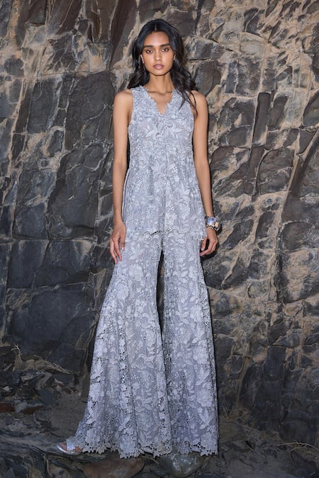 Dash And Dot Embroidered Lace Peplum Top & Pant Set 