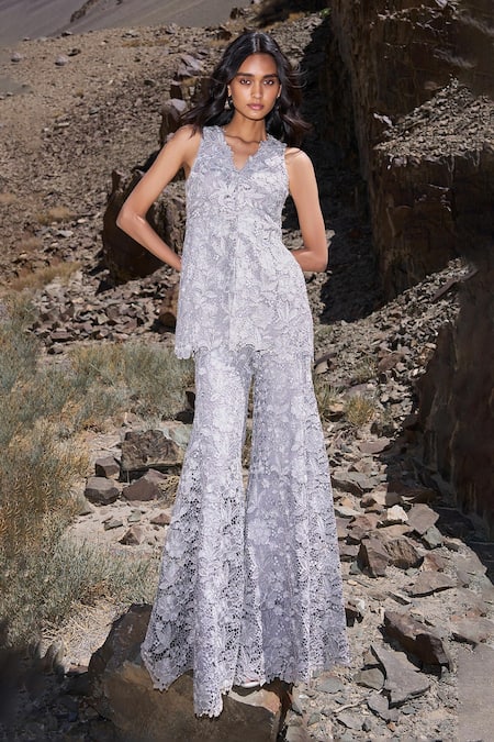 Dash And Dot Silver Polyester Lace V-neck Embroidered Peplum Top And Pant Set 