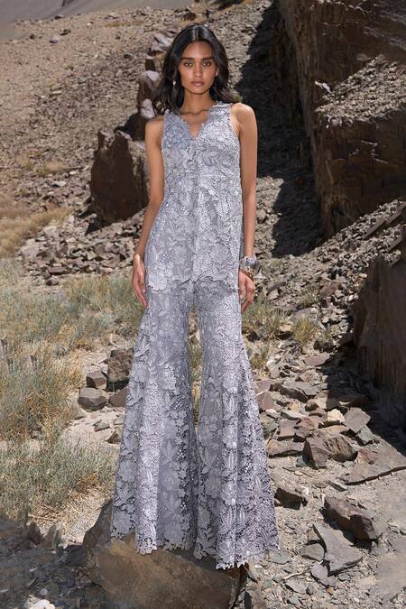 Dash And Dot Silver Polyester Embroidered Lace Flare Pant Online at Aza Fashions Dash And Dot_Silver Polyester Embroidered Lace Flare Pant _Online_at_Aza_Fashions