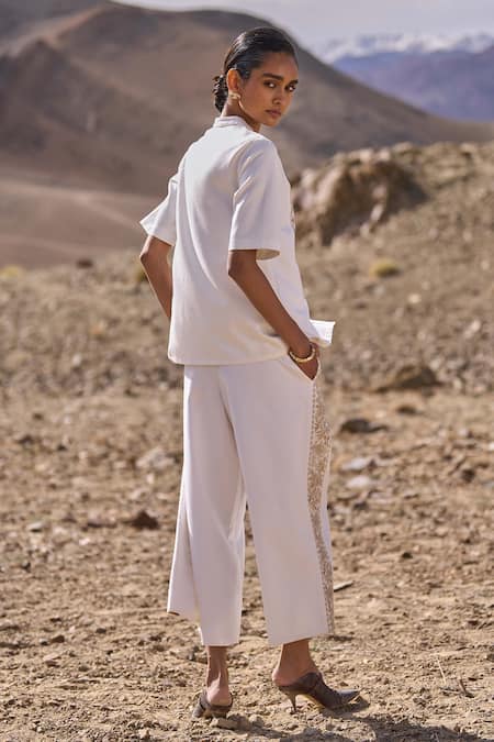 Shop Dash And Dot Ivory Polyester, Viscose, Spandex Embroidery Mandarin Gara Stitch Pant Set at Aza Fashions Shop_Dash And Dot_Ivory Polyester, Viscose, Spandex Embroidery Mandarin Gara Stitch Pant Set _at_Aza_Fashions