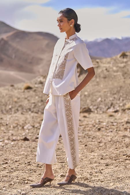 Dash And Dot Ivory Polyester, Viscose, Spandex Embroidery Mandarin Gara Stitch Pant Set Online at Aza Fashions Dash And Dot_Ivory Polyester, Viscose, Spandex Embroidery Mandarin Gara Stitch Pant Set _Online_at_Aza_Fashions