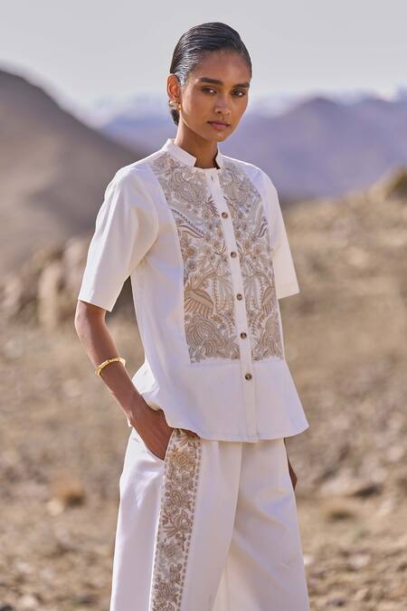 Buy Dash And Dot Ivory Polyester, Viscose, Spandex Embroidery Mandarin Gara Stitch Pant Set Online at Aza Fashions Buy_Dash And Dot_Ivory Polyester, Viscose, Spandex Embroidery Mandarin Gara Stitch Pant Set _Online_at_Aza_Fashions