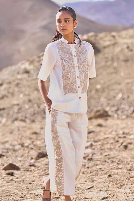 Dash And Dot Ivory Polyester, Viscose, Spandex Embroidery Mandarin Gara Stitch Pant Set at Aza Fashions Dash And Dot_Ivory Polyester, Viscose, Spandex Embroidery Mandarin Gara Stitch Pant Set _at_Aza_Fashions