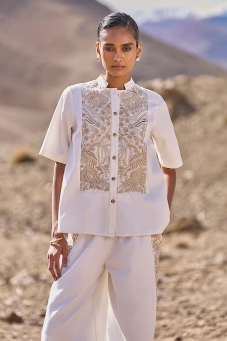 Buy Dash And Dot Ivory Polyester, Viscose, Spandex Embroidery Mandarin Gara Stitch Pant Set Buy_Dash And Dot_Ivory Polyester, Viscose, Spandex Embroidery Mandarin Gara Stitch Pant Set