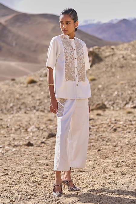 Dash And Dot Ivory Polyester, Viscose, Spandex Embroidery Mandarin Gara Stitch Pant Set 