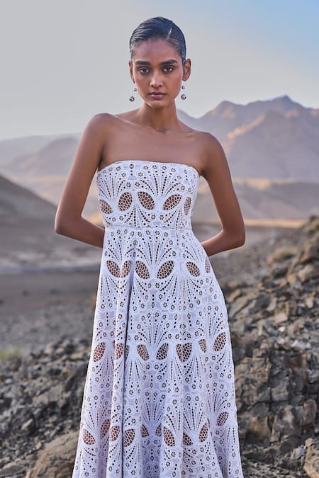 Dash And Dot_White Polyester Off-shoulder Cutwork Lace Midi Dress _Online_at_Aza_Fashions