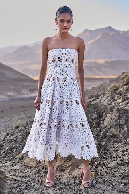 Buy_Dash And Dot_White Polyester Off-shoulder Cutwork Lace Midi Dress _Online_at_Aza_Fashions