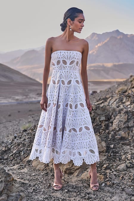 Shop_Dash And Dot_White Polyester Off-shoulder Cutwork Lace Midi Dress _Online_at_Aza_Fashions