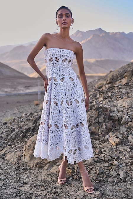Dash And Dot_White Polyester Off-shoulder Cutwork Lace Midi Dress _at_Aza_Fashions
