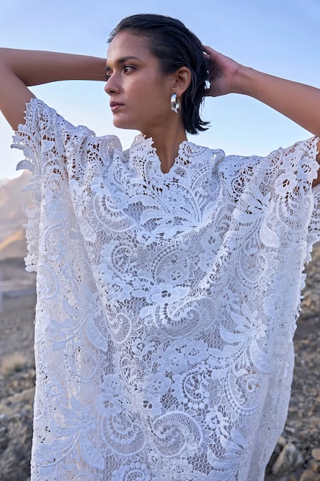 Dash And Dot_White Polyester Round Neck Lace Kaftan Dress _Online_at_Aza_Fashions
