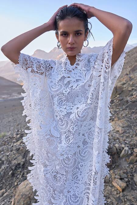 Buy_Dash And Dot_White Polyester Round Neck Lace Kaftan Dress _Online_at_Aza_Fashions