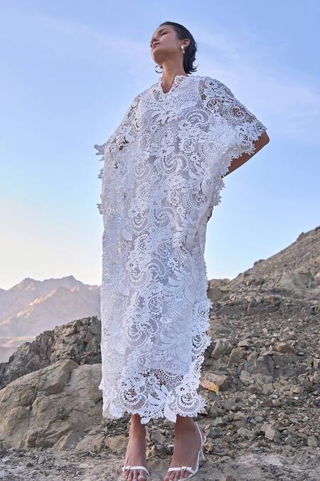 Shop_Dash And Dot_White Polyester Round Neck Lace Kaftan Dress _Online_at_Aza_Fashions