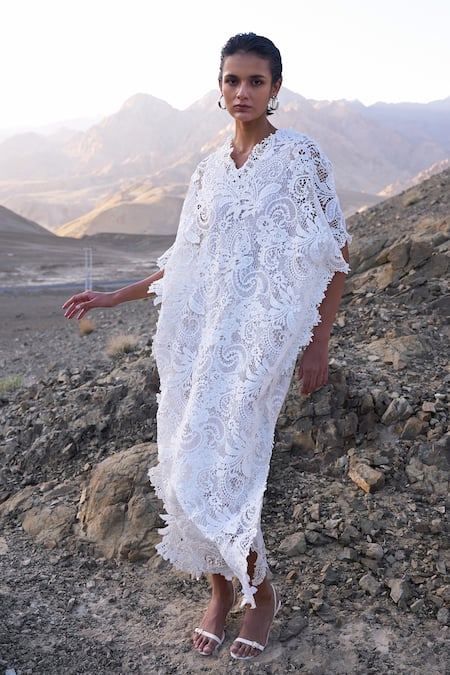 Dash And Dot_White Polyester Round Neck Lace Kaftan Dress _at_Aza_Fashions