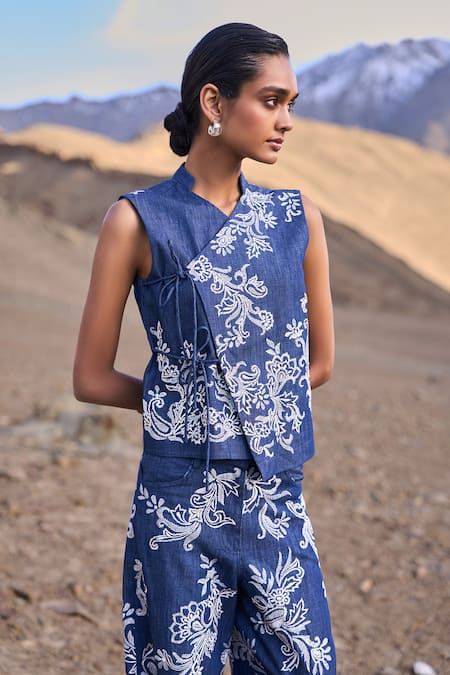 Shop Dash And Dot Blue Cotton Embroidery Mandarin Collar Indigo Waistcoat Set Online at Aza Fashions Shop_Dash And Dot_Blue Cotton Embroidery Mandarin Collar Indigo Waistcoat Set _Online_at_Aza_Fashions