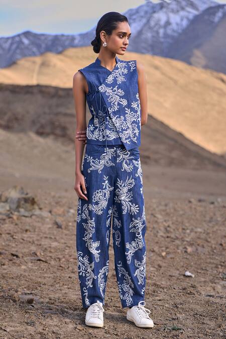 Dash And Dot Blue Cotton Embroidery Mandarin Collar Indigo Waistcoat Set at Aza Fashions Dash And Dot_Blue Cotton Embroidery Mandarin Collar Indigo Waistcoat Set _at_Aza_Fashions