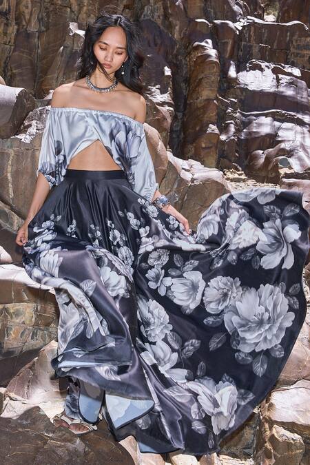 Dash And Dot_Black Polyester Off-shoulder Floral Print Maxi Skirt Set _Online_at_Aza_Fashions