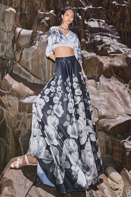 Shop_Dash And Dot_Black Polyester Off-shoulder Floral Print Maxi Skirt Set _Online_at_Aza_Fashions