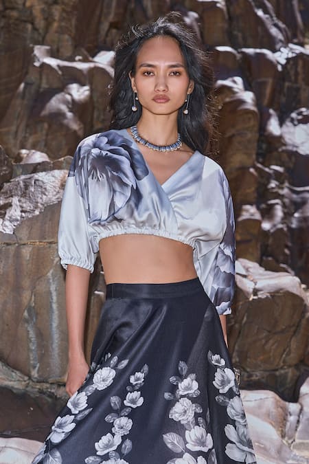 Dash And Dot_Black Polyester Off-shoulder Floral Print Maxi Skirt Set _at_Aza_Fashions