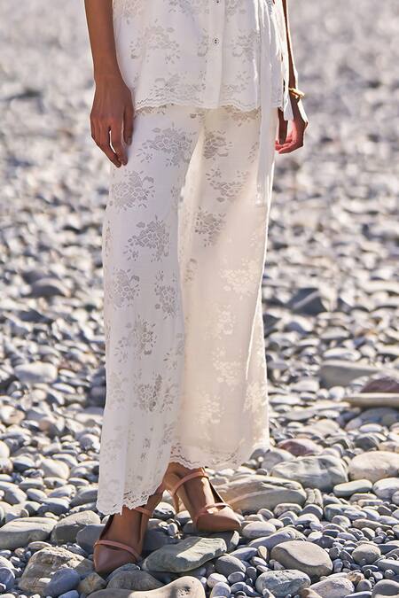Dash And Dot White Cotton, Nylon Embroidery Floral Lace Flared Pant Online at Aza Fashions Dash And Dot_White Cotton, Nylon Embroidery Floral Lace Flared Pant _Online_at_Aza_Fashions