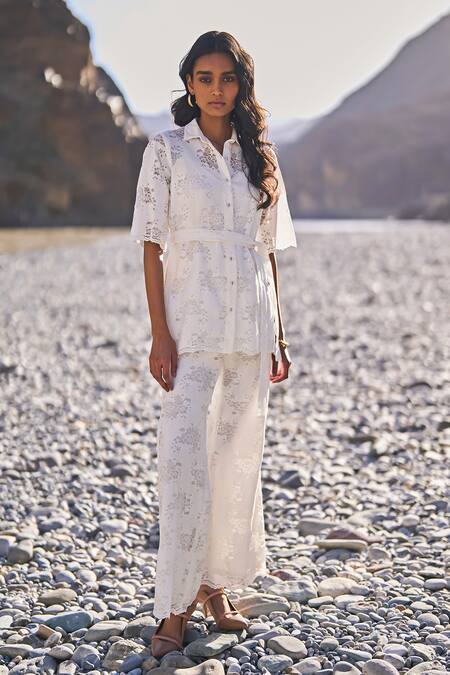 Shop Dash And Dot White Cotton, Nylon Embroidery Floral Lace Flared Pant Online at Aza Fashions Shop_Dash And Dot_White Cotton, Nylon Embroidery Floral Lace Flared Pant _Online_at_Aza_Fashions