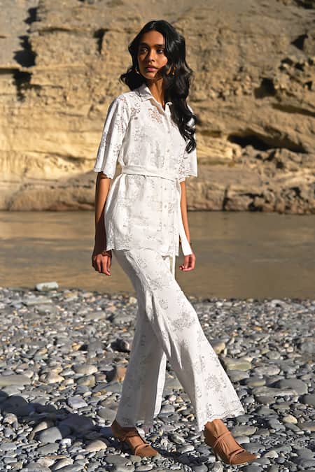 Dash And Dot White Cotton, Nylon Embroidery Floral Lace Flared Pant at Aza Fashions Dash And Dot_White Cotton, Nylon Embroidery Floral Lace Flared Pant _at_Aza_Fashions