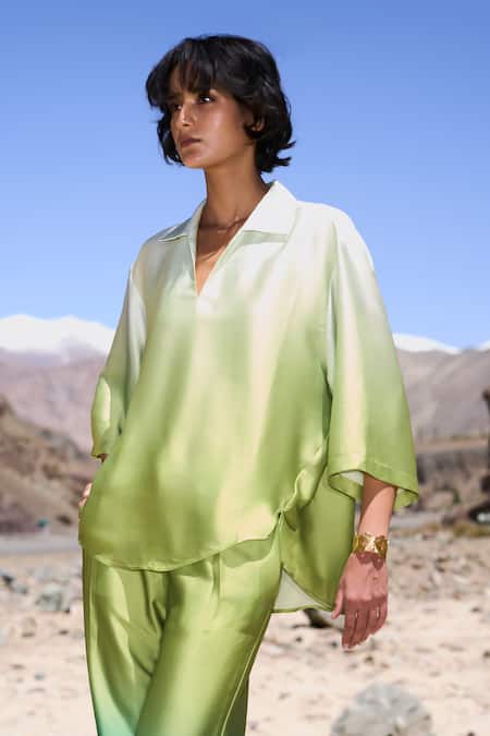 Buy Dash And Dot Green Polyester Collared Ombre Satin Pant Set Online at Aza Fashions Buy_Dash And Dot_Green Polyester Collared Ombre Satin Pant Set _Online_at_Aza_Fashions