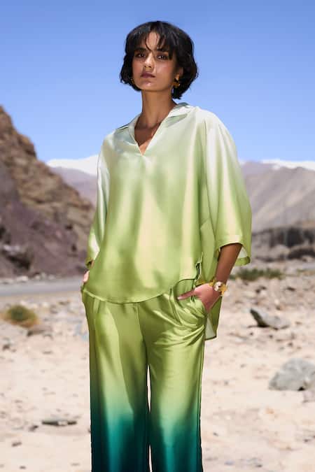 Dash And Dot Green Polyester Collared Ombre Satin Pant Set at Aza Fashions Dash And Dot_Green Polyester Collared Ombre Satin Pant Set _at_Aza_Fashions