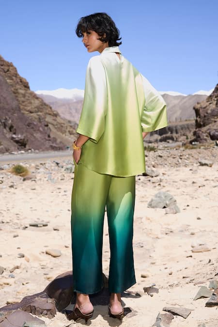 Shop Dash And Dot Green Polyester Collared Ombre Satin Pant Set at Aza Fashions Shop_Dash And Dot_Green Polyester Collared Ombre Satin Pant Set _at_Aza_Fashions