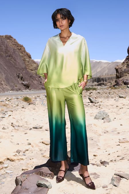 Buy Dash And Dot Green Polyester Collared Ombre Satin Pant Set Buy_Dash And Dot_Green Polyester Collared Ombre Satin Pant Set