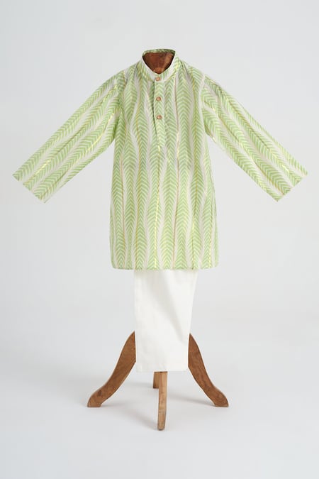 Minime Organics Green Cotton Patterned Kurta And Pyjama Set 